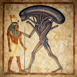 ancient egyptian art of [ xenomorph ] [ giger ] alien from ridley scott alien movie, as [ egyptian ] [ mural ]