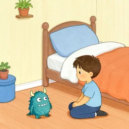 a boy finds a small monster under his bed in the style of leo lionni