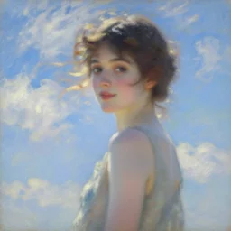 a portrait of a beautiful young lady, blurry face, wearing 1 9 2 0 s fashion, brown hair, slim, fair, turning her head and smiling, severe out of focus, depth of field, azure sky, white clouds, pleinairism, zelda fitzgerald, in the sun, backlit, closeup, oil on canvas, by monet, in the style of le promenade, impressionnisme