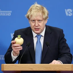 a drunk boris johnson holding a televised press conference to announce he found a turnip