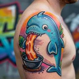 epic colorful rainbow graffiti art of a cartoon zombie narwhal cooking bacon for a tattoo on the shoulder