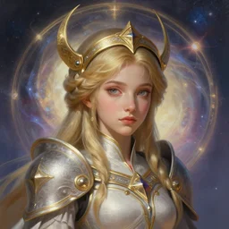 portrait of a small paladin who worships desna, d & d, pathfinder, fantasy, intricate, elegant, highly detailed, digital painting, artstation, smooth, sharp focus, illustration, art by artgerm and greg rutkowski and alphonse mucha, with an epic cosmic background in the style of erak note, eddie mendoza, christophe young, craig mullins, evan lee, silvain sarrailh, dao trong le, kan liu, character design, trending on artstation, headshot, character concept