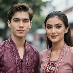 portrait of jordan carver and lindsey pelas wearing kebaya in jakarta, by charlotte grimm, natural light, detailed face, beautiful features, symmetrical, canon eos c 3 0 0, ƒ 1. 8, 3 5 mm, 8 k, medium - format print,