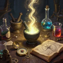 cluttered, table, wizards laboratory, greg rutkowski, mortar, pestle, glowing powder, compass, alembic, stream of flowing light, thick book of spells, beakers of colored liquid, tony sart