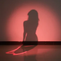 she sees her own shadow cast in red light and outlined on the floor below her and it is beautiful