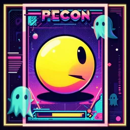 pac - man and the ghost monsters, synthwave art deco style poster