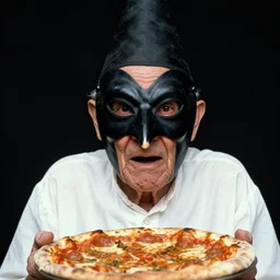 portrait photo of an old wrinkled man, skinny face, bony face, long nose, crooked nose, large full mouth, black pulcinella masquerade mask, pointy conical hat, white wrinkled shirt, presenting pizza, black background, close - up, skin blemishes, menacing, intimidating, masterpiece by george hurrell