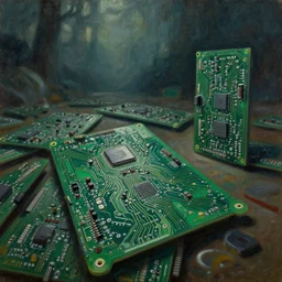 circuit boards through time and space. oil painting, victorian horror, limited palette, backlighting, depth of field.