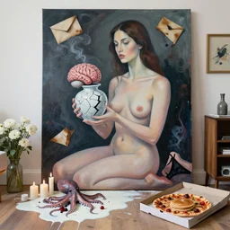 a portrait in a female artist's apartment, organic, a woman holding a brain, cracked japanese pottery vase, sensual, smokey burnt envelopes, candles, white flowers, puddle of milk, octopus, squashed berries, pizza box, pancakes, black underwear, neo - expressionism, surrealism, acrylic and spray paint and oilstick on canvas