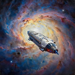 spaceship flying over huge and colorful nebula, oil painting