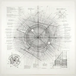 An artwork made from layers of technical drawings and architectural plans, very detailed and intricate with callout texts, leaders, arrows and bubbles by Kim Jung Gi