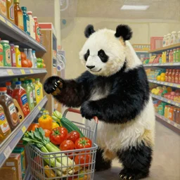 a humanoid panda buying groceries, oil painting by salvador dali