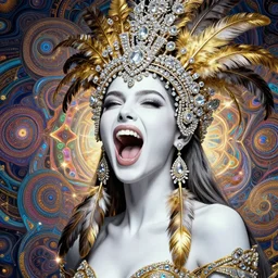 absurdly beautiful, fashionable young woman with clear white skin screaming loudly, wearing an intricate headdress made from diamonds and gold and feathers, wearing large earrings made from feathers, background in the fourth dimension, psychedellic fractals, ayahausca, tryptamine, hyperdetailed illustration by irakli nadar and alexandre ferra, intricate linework, unreal engine 5 highly rendered, global illumination, radiant light, detailed and intricate environment