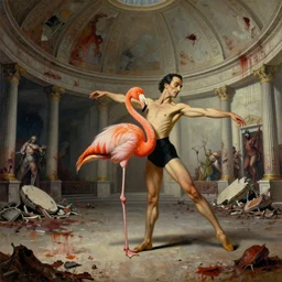 a highly detailed painting of an elegant male dancer on flamingo legs by salvador dali and vadim stein, in a domed destroyed ballroom splattered with rot and decay by albrecht durer, dramatic lighting