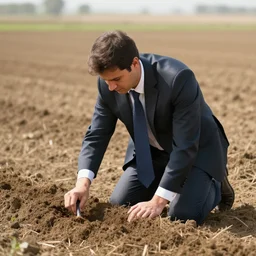 a business man in suit and tie, on his knees in the fields, tilling the soil