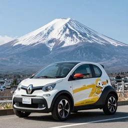 Renault Twizy parked at a scenic viewpoint with mount Fuji in the background, manga visual