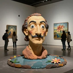 plasticine sculpture stop motion. salvador dali clay models. gallery painting of flower. water on floor. visitors. room with a small hole in wall. john craxton. high detail. photorealistic
