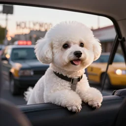 a photorealistic image of bichon frise riding in the back on an Uber through Hollywood at sundown. This 4K HD image is Trending on Artstation, featured on Behance, well-rendered, extra crisp, features intricate detail and the style of Unreal Engine.