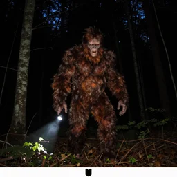 scary trail camera 2 0 0 3 photograph of a bigfoot at night in the forest. obscurity. darkness!!!. flash light. motion blur. dim light.