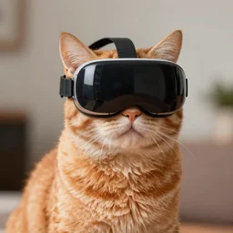 orange cat wearing vr headset