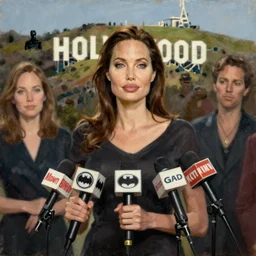 oil painting of angelina jolie holding a press conference to announce herself as the director and star of the new batman movie. hollywood, 2 0 0 4.