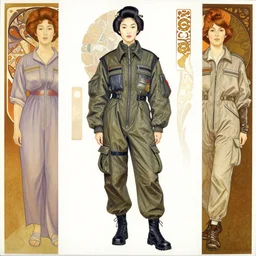 a copic maker full body portrait by yoshiyuki sadamoto, alphons mucha, norman rockwell of a japanese woman detailed features wearing a pilot suit cargo streetwear - lots of zippers, pockets, synthetic materials, chic'techno fashion trend by issey miyake and balenciaga 8 k