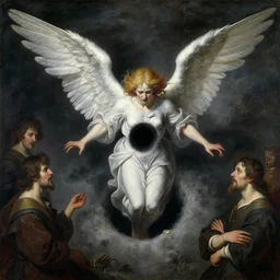 terrible angel emerging from black hole, painting by beksinski and gammell and anato finnstark and rembrandt