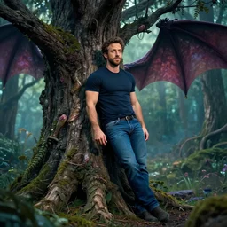 a photograph ryan rynolds as ashadow demi - dragon ryan rynolds wearing jeans leans against a magical tree romance novel fantasy photoshoot epic detailed and itricate digital photo trending on artstation by wlop octane render