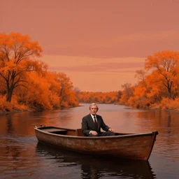 surreal art, portrait of twilight zone host rod serling on a boat, on a river, with tangerine colored trees and marmalade colored skies