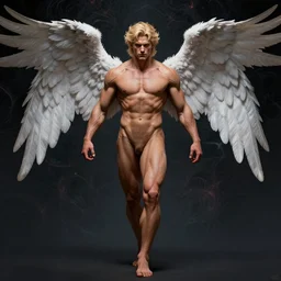 Half angel half demon , Tan skin, Barefoot, Blonde hair by Gotham city, Strong jawline, realistic character concept, medium shot, Masculine pose, Action, illustration, Chiseled symmetrical face and body, artstation, cinematic lighting, hyperdetailed, cgsociety, 8k, high resolution, Charlie Bowater, Tom Bagshaw, single face, insanely detailed and intricate, Strong, Powerful, dark fractal background, vfx, postprocessing