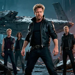 movie still frame, photorealistic, cyberpunk harrison ford in epic pose, a starship wreckage in the background, beautiful composition, 8 k, cgi, by ridley scott, james cameron, zack snyder and michael bay