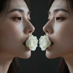 hight focus of a wonderful realistic sweet wonderful symmetrical profile portrait of a lady with a clear skin, she has a realistic white rose on her lips, dramatic light, cinematic, artstation, octane render 8 k s 1