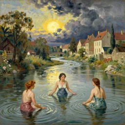 three women bathing in river that is running through an old city. storm clouds and sun. colourful detailed painting, illustration by paul elie ranson and thomas eakins