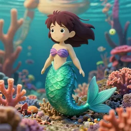 a close up of a strange, mermaid design by studio ghibli, aardman and wes anderson, in a colourful coral reef, 3 d hyperrealistic detail