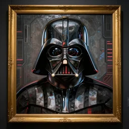 gold bordered mural of a futuristic darth vader, hyper realistic, cyberpunk, nightcore, 4 k, highly detailed, beautifully rendered