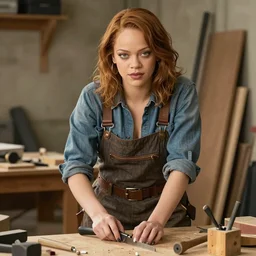 A full body shot of Emma Stone dressed as a carpenter,, high quality, fully detailed, 4k, inspired by the song work by rihanna , her beautiful eyes are fully detailed and in focus