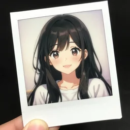 cute distressed polaroid of a cute anime girl smiling at camera, artstation 8 k very very very beautiful