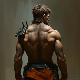 back portrait of a rugged ranger, full body, hairy torso, d & d, fantasy, intricate, elegant, highly detailed, digital painting, artstation, concept art, matte, sharp focus, illustration, art by artgerm and greg rutkowski and alphonse mucha