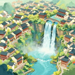 dreamy chinese town, high waterfalls, paradise, magical, digital painting, illustration, ortographic