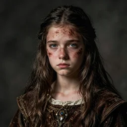 teenage medieval girl, half of face stained brown, unhappy, portrait, hd photogrpahy, moody, long dark hair