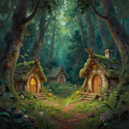detailed painting of fairy huts in the moosy forest clearing, in the style of peter mohrbacher, james jean, artgerm, dramatic lighting and composition, surreal background, octane render, pixar, trending on artstation, concept art, comic book, 8 k