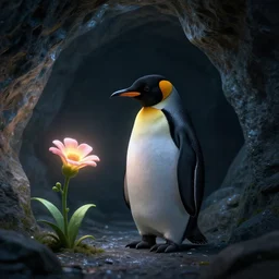 lonely penguin playing in a cave, abandoned by its friends, looking at a magical flower, cinematic lighting, dramatic atmosphere, sad, melancholic, 8k photorealistic, 3d render, trending artstation