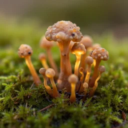a beautiful macro photography of moss with alien fungus, hyperdetailed, warm volumetric lights , made by Gerald Brom and Mike Winkelmann