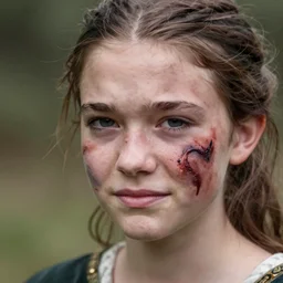 sixteen year old, pretty medieval girl with a large, ugly dark stain covering half her face, unhappy expression, photography, close up, shallow depth of field, highly detailed, realistic