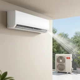 seen a profile wall with an air conditioner in the room and an air conditioner on the terrace with water spray