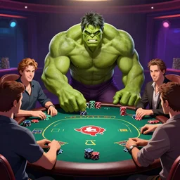 The Avengers playing Texas Hold'em Poker at a round table, Hulk going all in, trending digital art, artstation