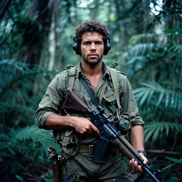 film still, medium shot of drake in the jungle as a vietnam door gunner, apocalypse now, associated press,, 2 6 mm, kodak ektachrome, blue tint expired film