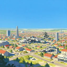 An amazing illustration of a futuristic military in a small town, by Andrée Wallin and Frank Miller. Cinematic. Bright color palette. Wide angle. Clean lines. Balanced composition.