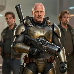 Movie still of Saul Goodman in a futuristic armour holding a rocket launcher, fantasy, highly detailed, digital painting, artstation, concept art, sharp focus, illustration, art by Tony Sart and artgerm and randy vargas