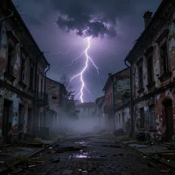 Abandoned streets of Eastern Europe in the year 4200AD, dark and misty, lightning storm, vibrant colors, by Stephen King, misty, moody, sinister, cinematic lighting, cinematic color grading, 8k render, hyperrealistic, ultra HD, Unreal Engine 5 render